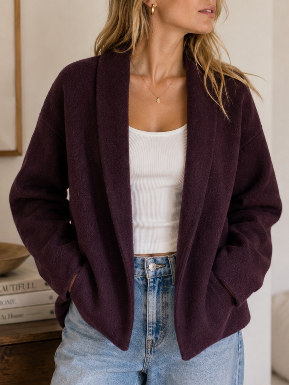 Eileen Fisher Plum Wool Open Front Blazer Jacket Small